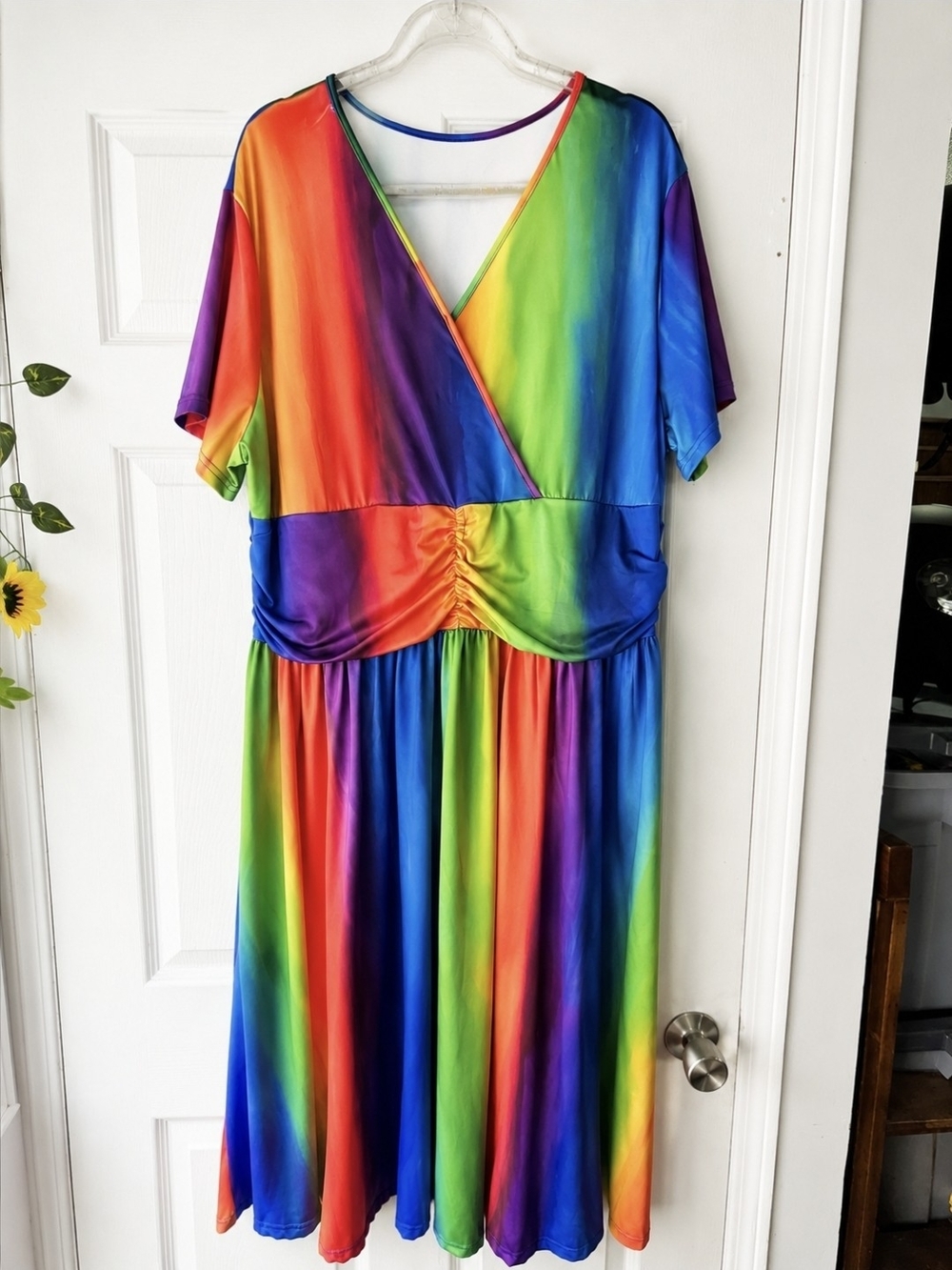 Rainbow Wrap-Style Midi Dress - Vibrant Multicolor